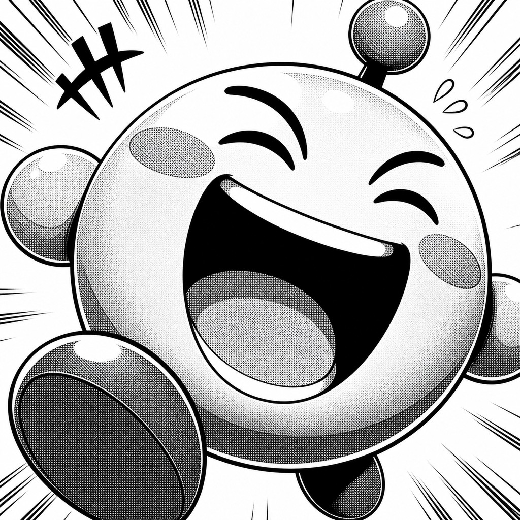 an exaggerated laughing face of an original round mascot character, bold and readable at small size, plain background, no text