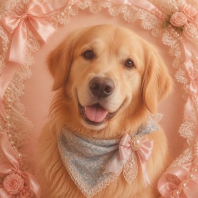 portrait of a golden retriever wearing a blue bandana, warm plain backdrop, no text