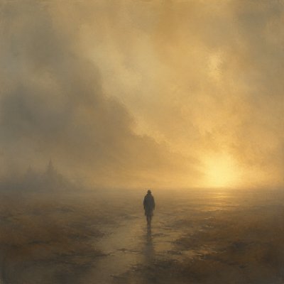 a solitary figure walking toward a glowing horizon across an empty plain, moody atmosphere, no text or lettering