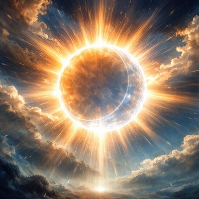 Ancient celestial vision: the blazing sun unites with a completely translucent moon, the moon rendered invisible except for a silvery faint outline, swallowed by the sun's overwhelming radiance yet delicately outlined as a glass, beams of divine light pouring through, the moon spiritual symbolism of hidden union and concealed intimacy, ethereal golden and silver tones, sun and moon the same size, golden rays enveloping a transparent moon. Moon is ethereal and the sky is blue. 