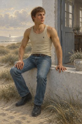 a painting of a man sitting on a wall