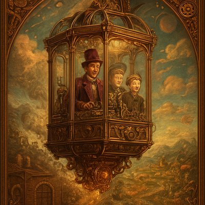 An awe-inspiring and whimsical scene featuring Willy Wonka's Great Glass Wonkavator, soaring through the sky and beyond the confines of the chocolate factory. The Wonkavator itself is a magnificent, multi-directional glass elevator, transparent and sparkling, with Willy Wonka (wearing his iconic top hat, purple coat, and bowtie) and Charlie Bucket (and perhaps Grandpa Joe) inside, looking out with expressions of wonder and excitement. The interior is filled with intricate buttons and levers for controlling its magical flight.

The Wonkavator is depicted in mid-flight, perhaps bursting through the factory roof or ascending above the clouds. Below it, the fantastical landscape of the Chocolate Factory is visible – chocolate rivers, edible gardens, candy cane trees, and various whimsical buildings. Beyond the factory, a stunning, imaginative sky unfolds, perhaps with floating candy clouds, distant fantastical landmarks, or even glimpses of outer space and planets. The lighting is bright and magical, emphasizing the glass's transparency and the vibrant colors of the world below and beyond. The overall mood is one of boundless adventure, limitless possibilities, and pure, joyful fantasy."