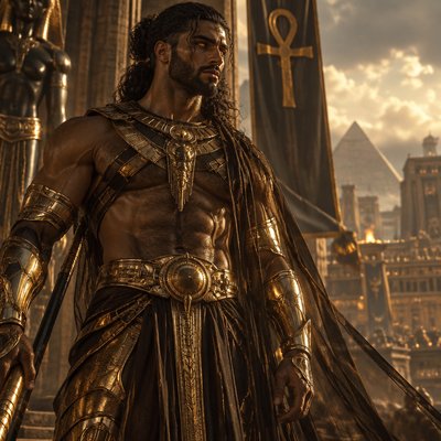 Je veux que tu me fasses un guerrier, tres modern avec une armure moderne genre full or et voile marron en soie transparent mais juste un peu si besoin mais il a une armure en or plutot mastock genre le voile c’est juste histoire de rajouter du tissu sans manche ni haut  in voit ses muscle et il a une barbe et des cheveux long bouclés attacheé en arriere il est hot et un peu poilu pour le realisme il est brun  et a des yeux or , on dirait presque un dieu de l’egypte ancien avec l’ethnie aui va avec 