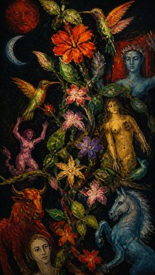 a climbing vine of flowers and hummingbirds on a dark background, tall wrapping composition, no text