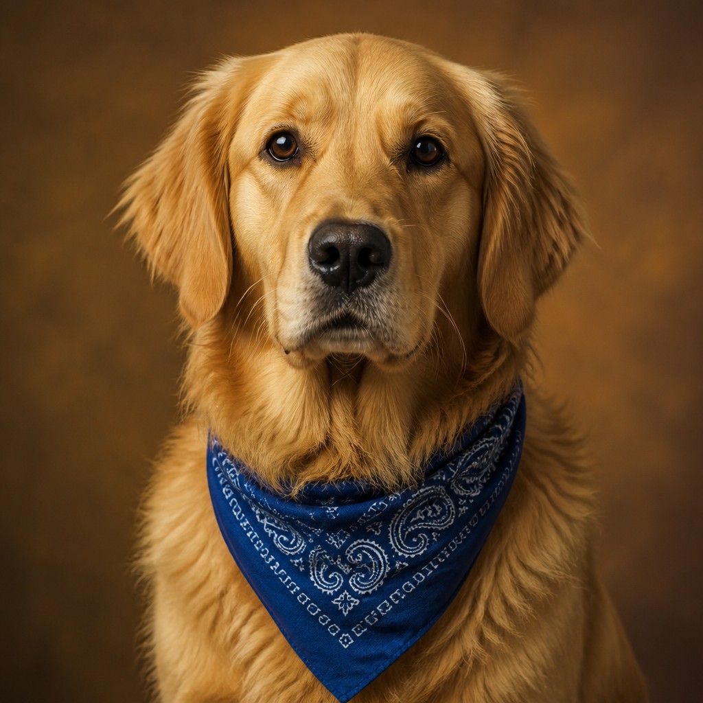 portrait of a golden retriever wearing a blue bandana, warm plain backdrop, no text