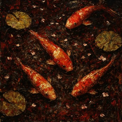 A koi pond seen from above, orange and white koi fish swimming among lily pads, clear water with subtle ripples, fallen cherry blossom petals floating on the surface, dappled sunlight