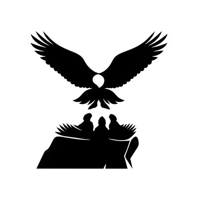 Express an eagle hovering over her eaglets on a cliff side. 