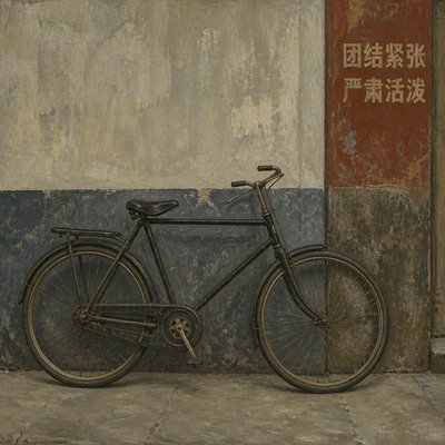 bicyle resting against a wall