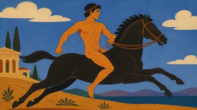 ancient greek ignudi athlete riding a galloping horse