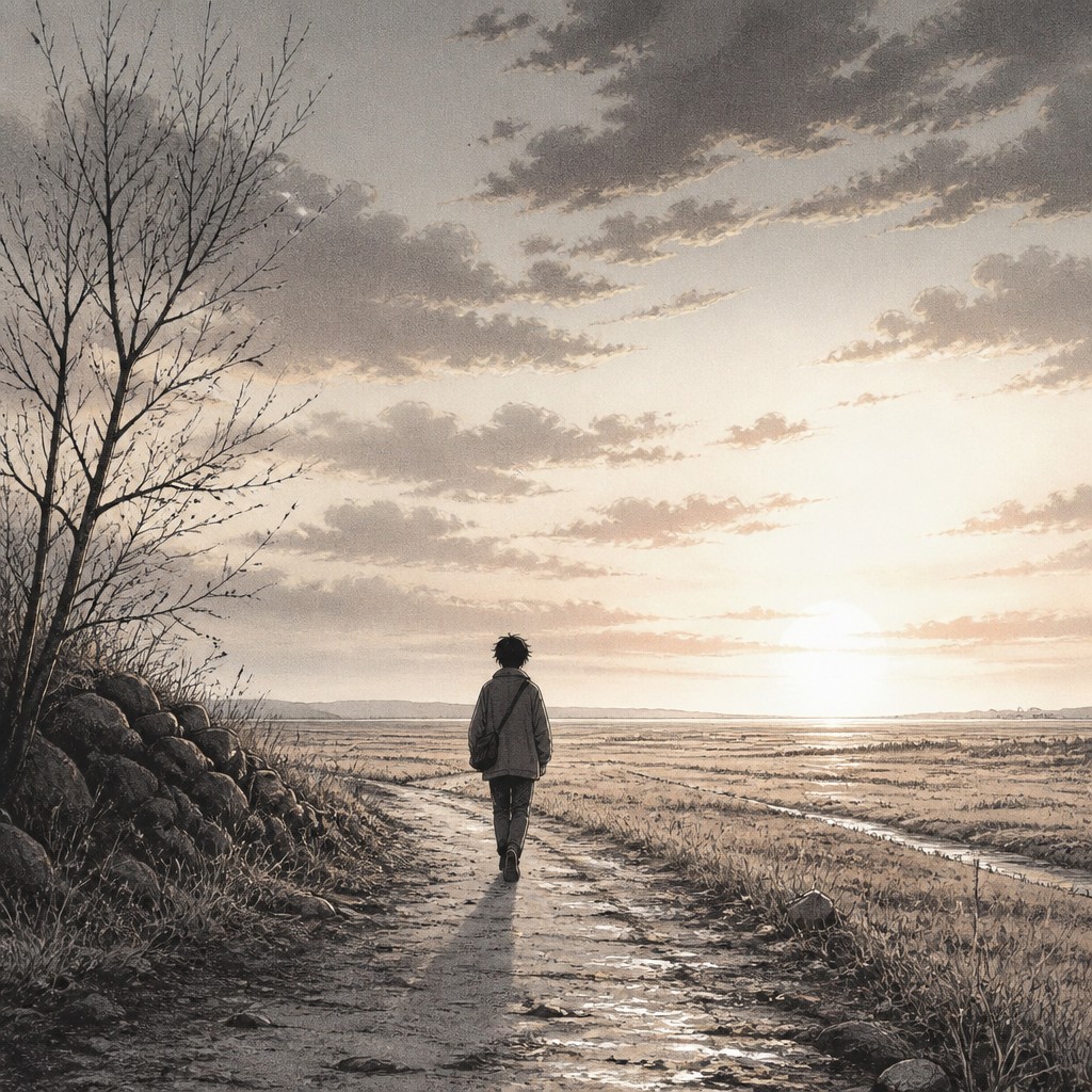 a solitary figure walking toward a glowing horizon across an empty plain, moody atmosphere, no text or lettering