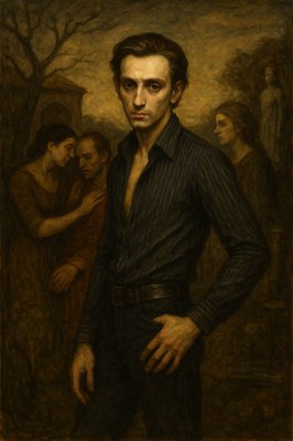 a painting of a man standing in front of a group of people