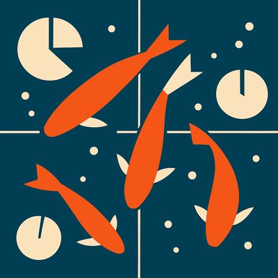 A koi pond seen from above, orange and white koi fish swimming among lily pads, clear water with subtle ripples, fallen cherry blossom petals floating on the surface, dappled sunlight