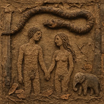 generate an adam and eve motif image in the wilds of Eden and the great serpent over their heads with a pygmy elephant in the background