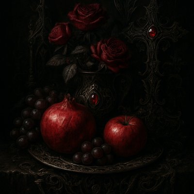 still life arrangement of fruits and flowers