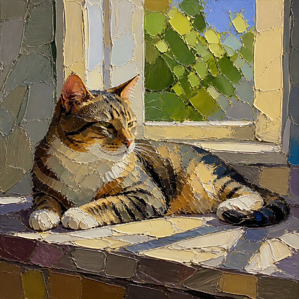 a cat lounging in a sunlit window — Palette Knife Painting Style