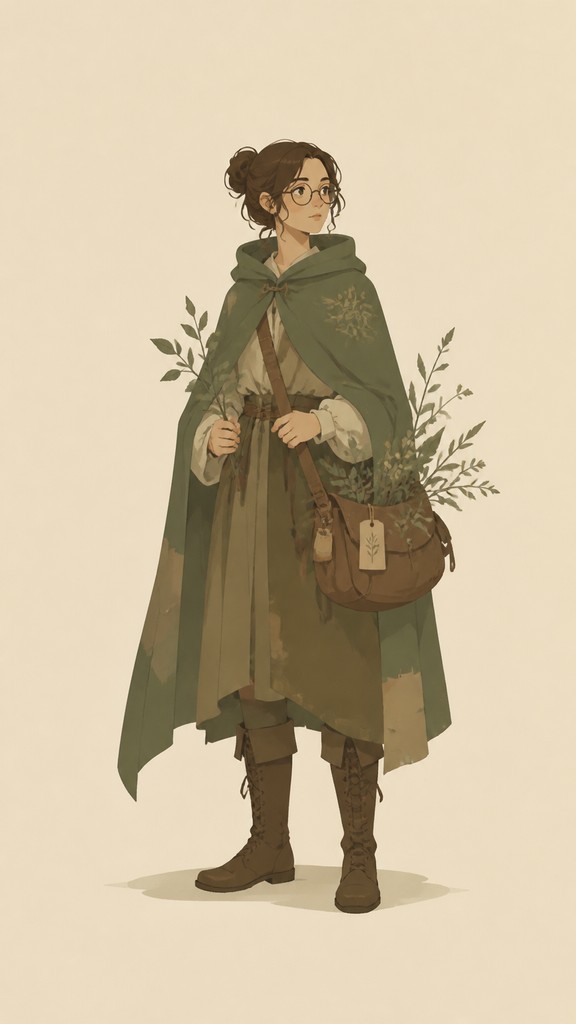 full-body original character: a wandering botanist with a satchel of plants, a patched green cloak, tall boots and round glasses, neutral background
