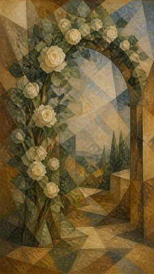 an arch of white roses and eucalyptus in soft morning light, elegant vertical composition with open space, no text