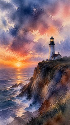 a lone lighthouse on a cliff at dusk under a dramatic sky, no text or lettering