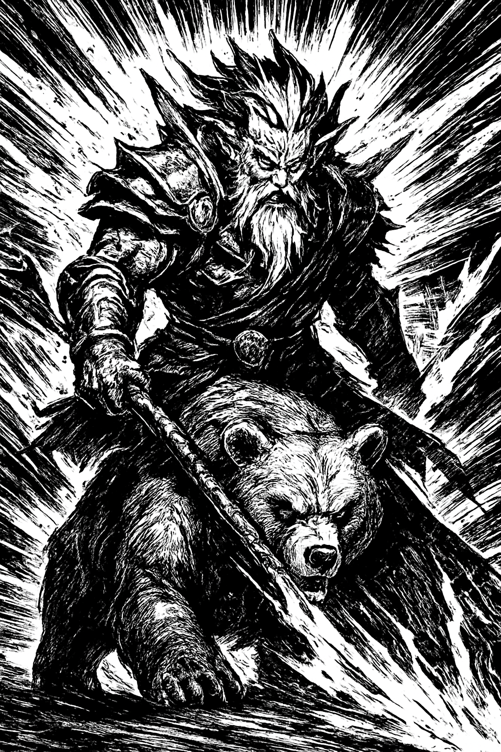 a black and white drawing of a man on a bear