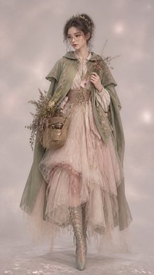 full-body original character: a wandering botanist with a satchel of plants, a patched green cloak, tall boots and round glasses, neutral background