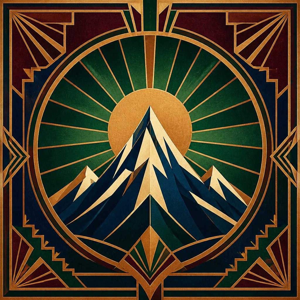 an emblem of a mountain peak inside a circle, simple bold shapes on a plain background, no text or lettering