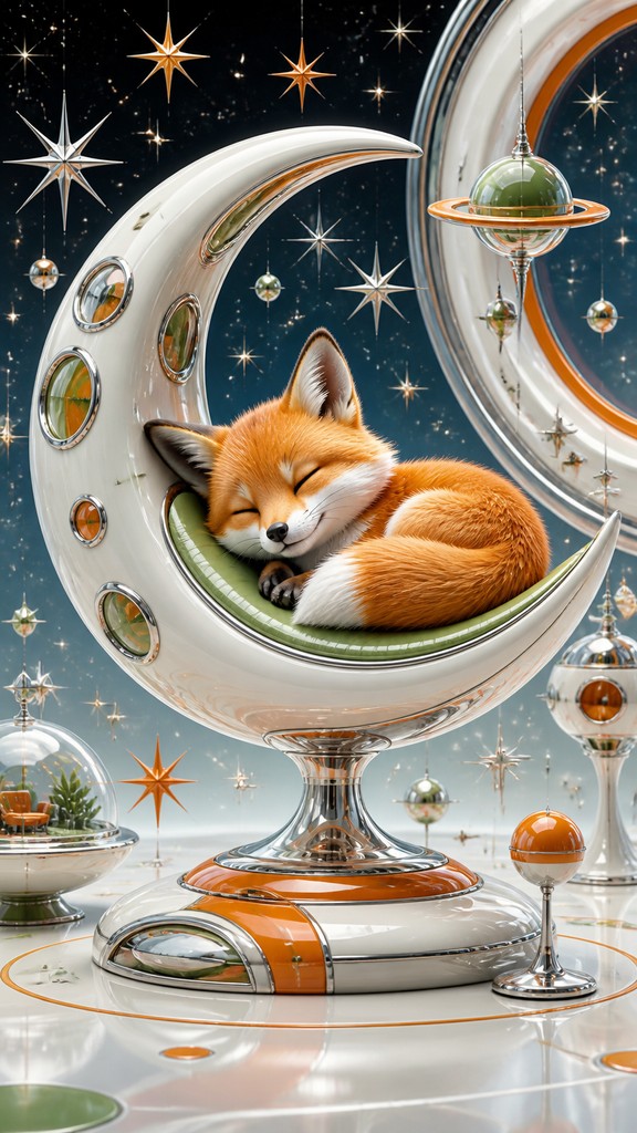 a sleeping baby fox curled on a crescent moon among soft stars, gentle and warm, no text
