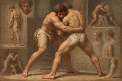 a painting of two men wrestling each other