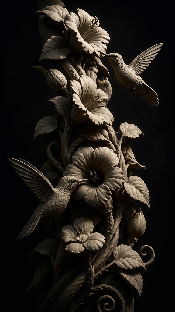 a climbing vine of flowers and hummingbirds on a dark background, tall wrapping composition, no text