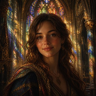 head-and-shoulders portrait of an original character: a young woman with wavy chestnut hair and a warm smile, plain soft backdrop