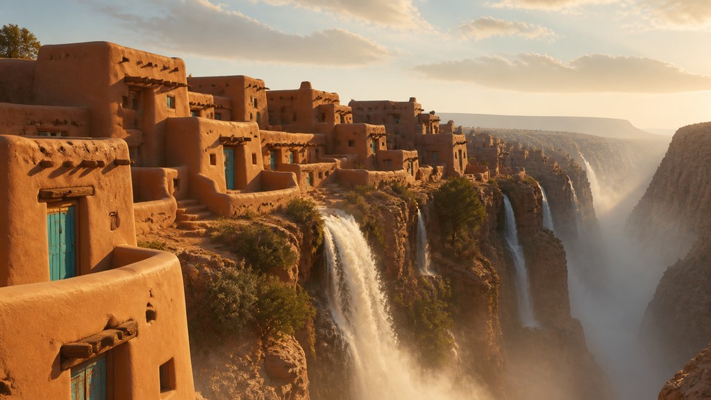 a cliffside city with waterfalls cascading into a misty canyon, wide establishing shot, no people, no text