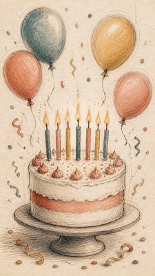 a birthday cake with lit candles surrounded by balloons and confetti, festive vertical composition, no text