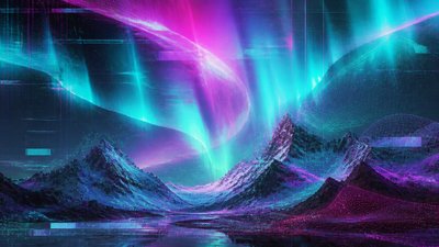 a flowing aurora over snowy peaks, wide sweeping composition, no people, no text
