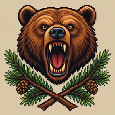 a roaring bear head above crossed pine branches, bold graphic composition on a plain background, no text