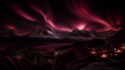 a flowing aurora over snowy peaks, wide sweeping composition, no people, no text