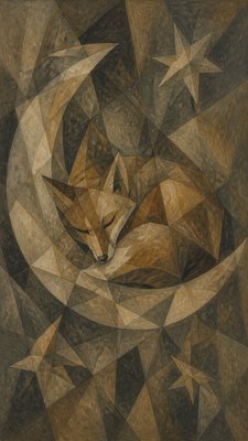 a sleeping baby fox curled on a crescent moon among soft stars, gentle and warm, no text