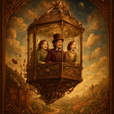 An awe-inspiring and whimsical scene featuring Willy Wonka's Great Glass Wonkavator, soaring through the sky and beyond the confines of the chocolate factory. The Wonkavator itself is a magnificent, multi-directional glass elevator, transparent and sparkling, with a middle aged Willy Wonka (wearing his iconic top hat, purple coat, and bowtie) and 2 young Victorian well dressed ladies looking out with expressions of joy, wonder and excitement. The interior is filled with intricate buttons and levers for controlling its magical flight. The Wonkavator is depicted in mid-flight, perhaps bursting through the factory roof or ascending above the clouds. Below it, the fantastical landscape of the Chocolate Factory is visible – chocolate rivers, edible gardens, candy cane trees, and various whimsical buildings. Beyond the factory, a stunning, imaginative sky unfolds, perhaps with floating candy clouds, distant fantastical landmarks, or even glimpses of outer space and planets. The lighting is bright and magical, emphasizing the glass's transparency and the vibrant colors of the world below and beyond. The overall mood is one of boundless adventure, limitless possibilities, and pure, joyful fantasy."