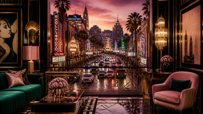 bustling city street panorama at dusk