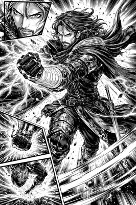 a black and white drawing of a person holding a sword