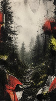 a mysterious forest path with fireflies and drifting mist, atmospheric vertical composition with open space at the top, no text