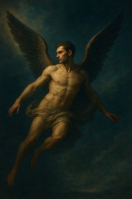 a painting of a man with wings on a blue background