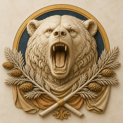 a roaring bear head above crossed pine branches, bold graphic composition on a plain background, no text