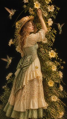 a climbing vine of flowers and hummingbirds on a dark background, tall wrapping composition, no text