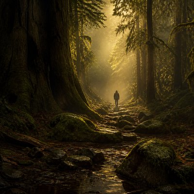 a solitary figure walking toward a glowing horizon across an empty plain, moody atmosphere, no text or lettering