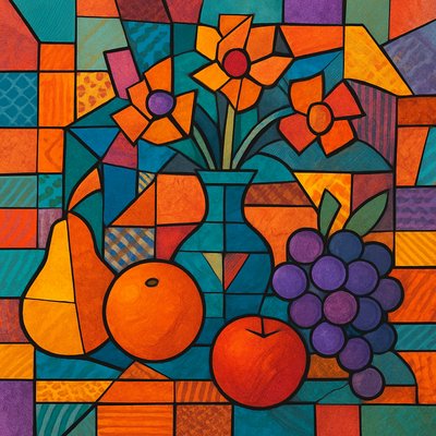 still life arrangement of fruits and flowers