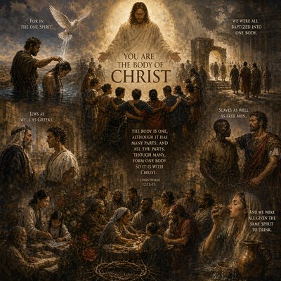“You Are the Body of Christ. The body is one, although it has many parts; and all the parts, though many, form one body. So it is with Christ. For in the one Spirit we were all baptized into one body, Jews as well as Greeks, slaves as well as free men, and we were all given the same Spirit to drink.  –  1 Corinthians 12:12-13