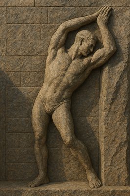 a statue of a man leaning against a stone wall