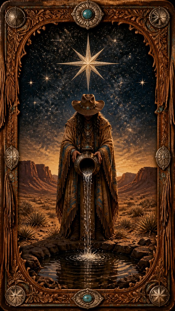 a robed figure pouring water beneath a large eight-pointed star in a night sky, symmetrical composition with an ornate decorative border, no text