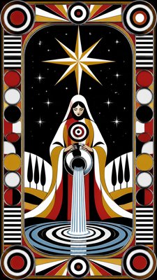 a robed figure pouring water beneath a large eight-pointed star in a night sky, symmetrical composition with an ornate decorative border, no text