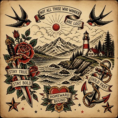 wide landscape with natural scenery — Tattoo Flash Art Style