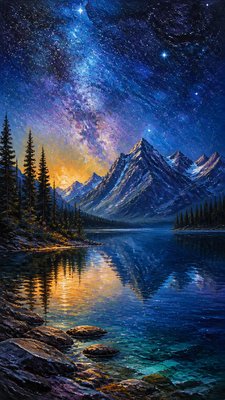 a tranquil mountain lake beneath a starry night sky, no people, no text